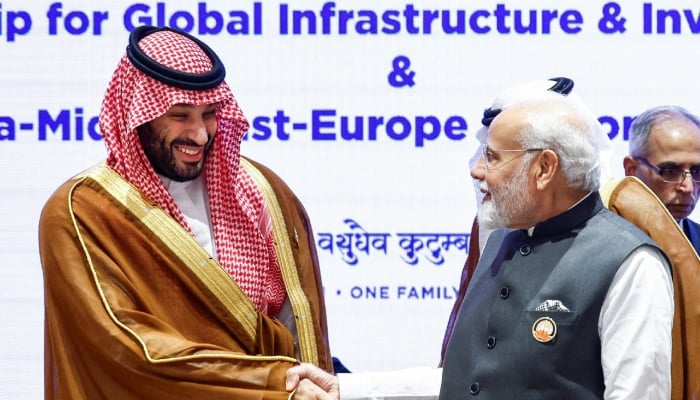 Saudi Arabian Crown Prince Mohammed bin Salman Al Saud and Indian Prime Minister Narendra Modi shake hands during the partnership for Global Infrastructure and Investment event on the day of the G20 summit in New Delhi, India, September 9, 2023. — Reuters